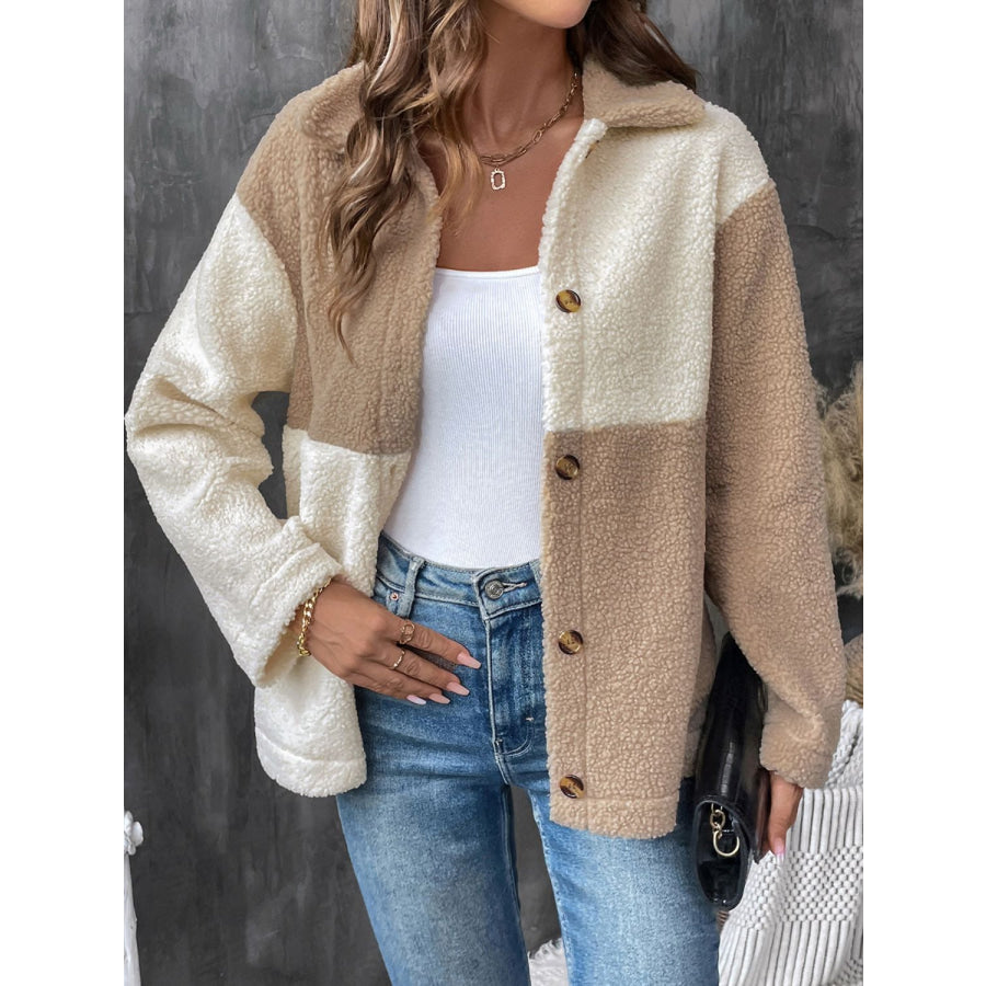 Perfee Color Block Collared Neck Long Sleeve Jacket Tan / S Apparel and Accessories