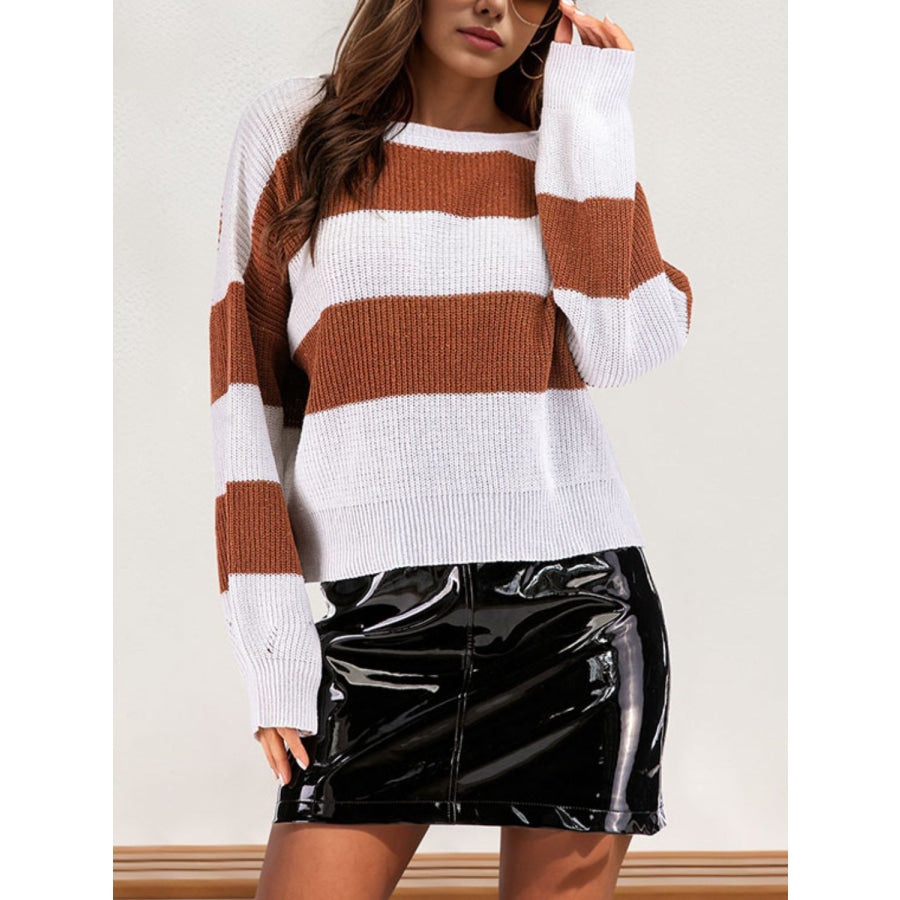 Perfee Color Block Dropped Shoulder Long Sleeve Sweater Caramel / S Apparel and Accessories