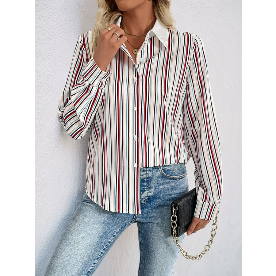 Perfee Contrast Striped Collared Neck Long Sleeve Shirt Multicolor / S Apparel and Accessories