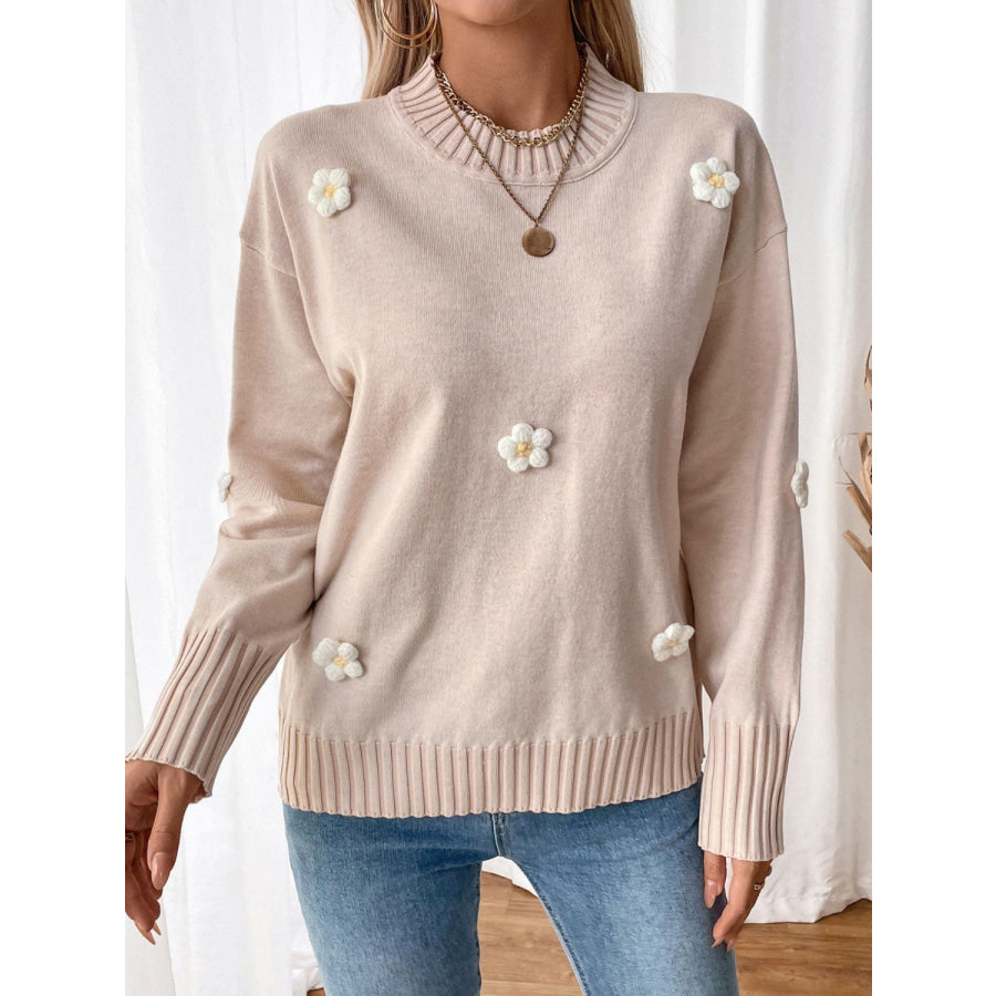 Perfee Flower Round Neck Long Sleeve Sweater Apparel and Accessories