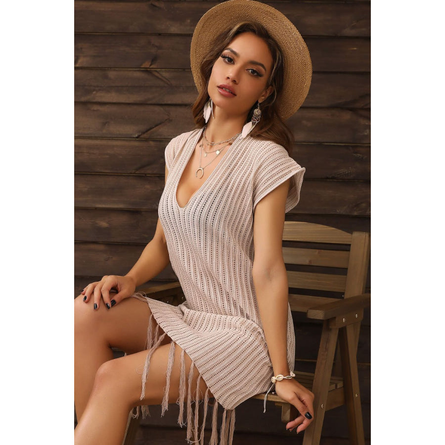 Perfee Fringe Hem Short Sleeve Deep V Cover Up Dress Apparel and Accessories