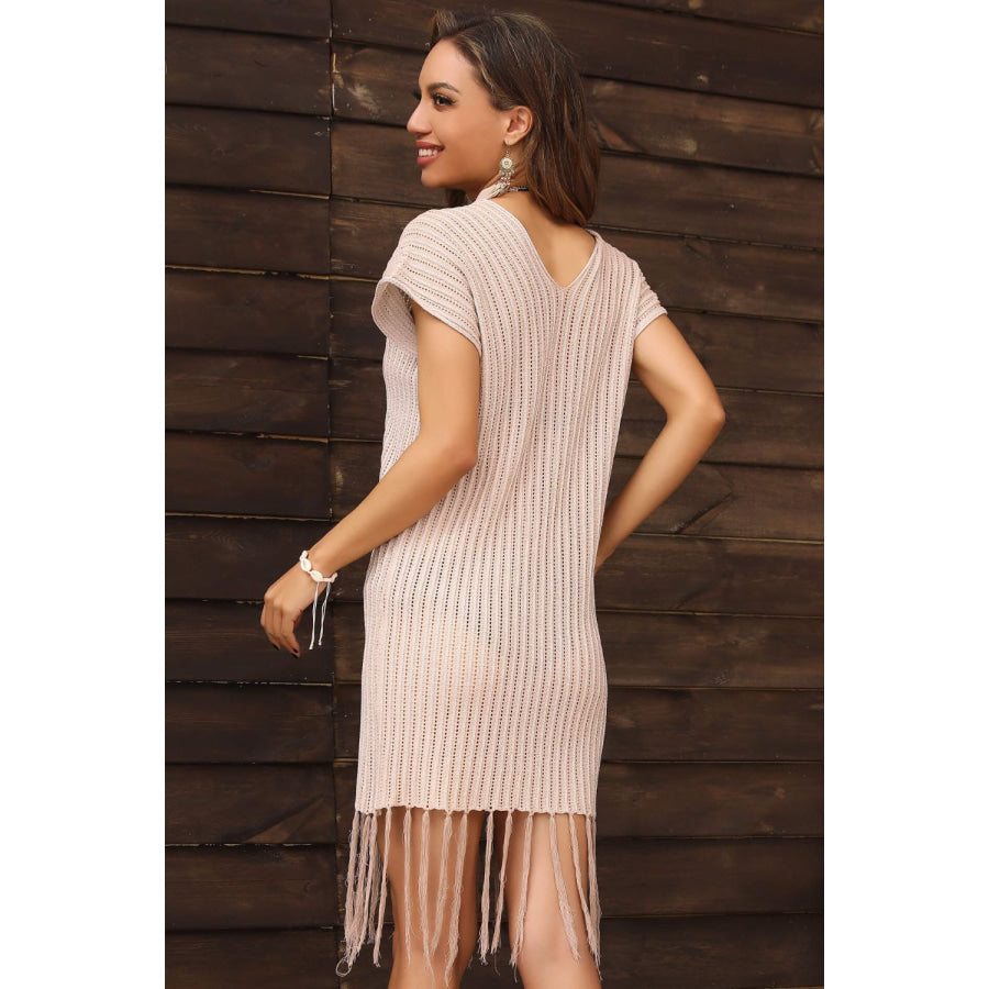 Perfee Fringe Hem Short Sleeve Deep V Cover Up Dress Cream / S Apparel and Accessories