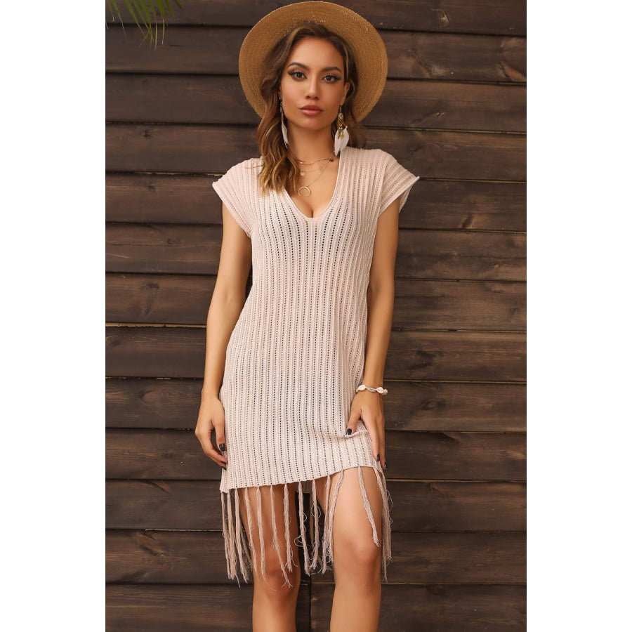Perfee Fringe Hem Short Sleeve Deep V Cover Up Dress Cream / S Apparel and Accessories