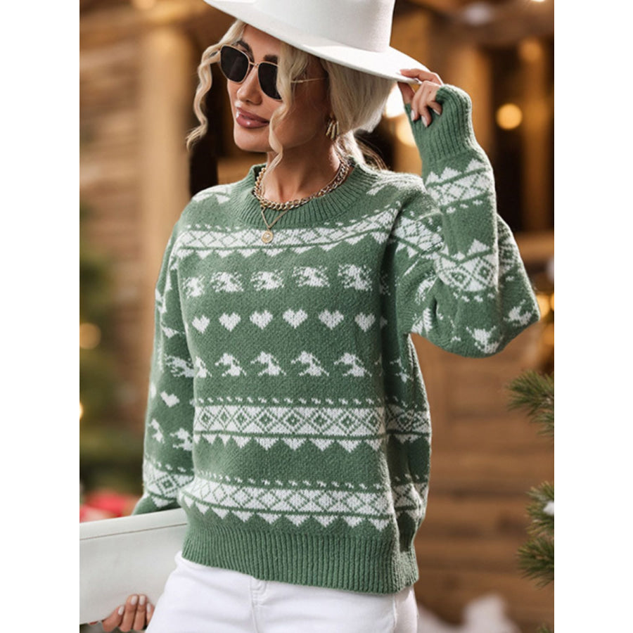 Perfee Geometric Round Neck Dropped Shoulder Sweater Apparel and Accessories