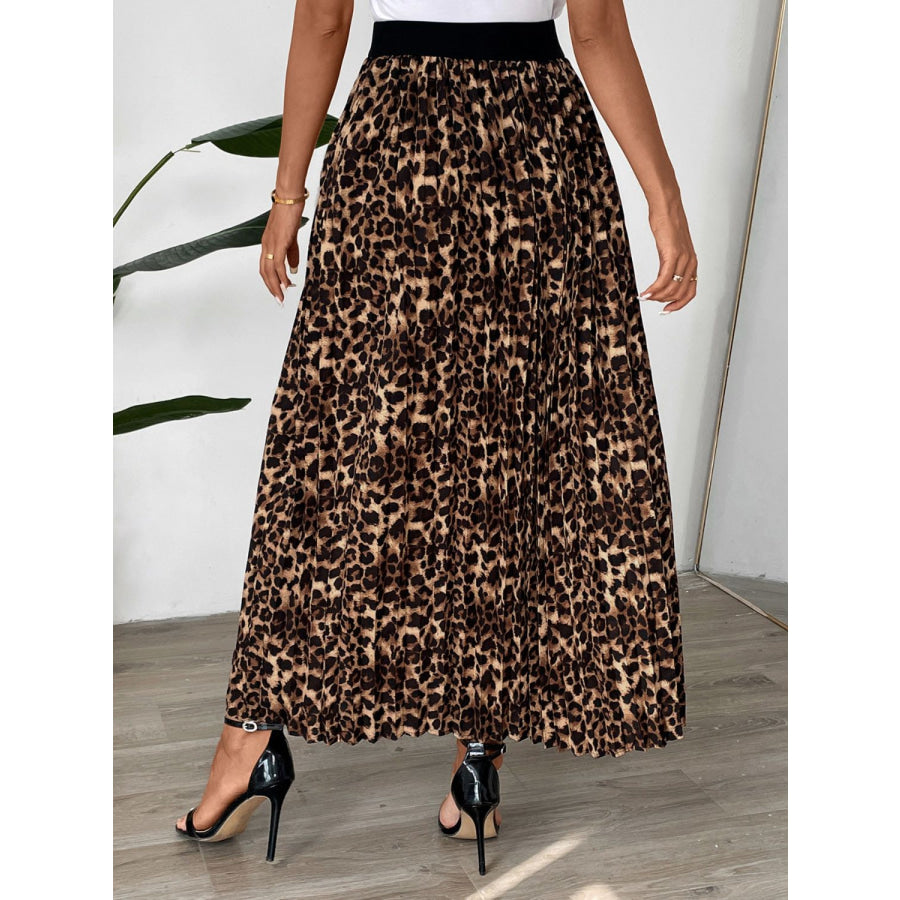 Perfee Pleated Leopard Maxi Skirt Apparel and Accessories