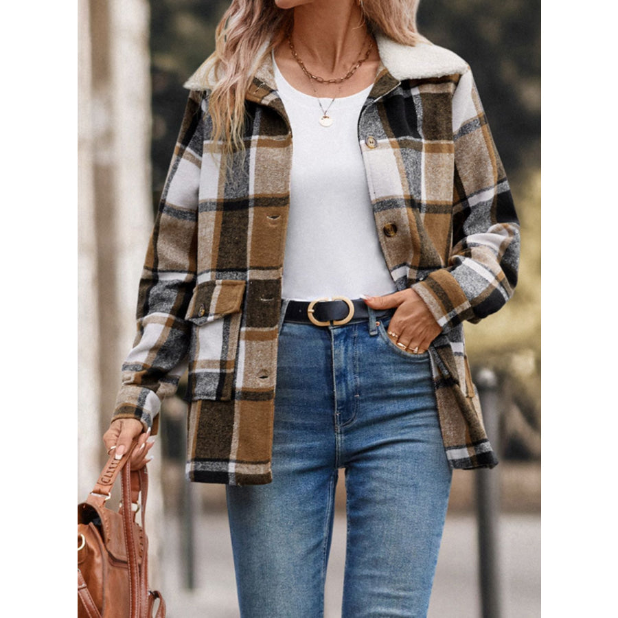 Perfee Pocketed Plaid Button Up Collared Neck Jacket Apparel and Accessories