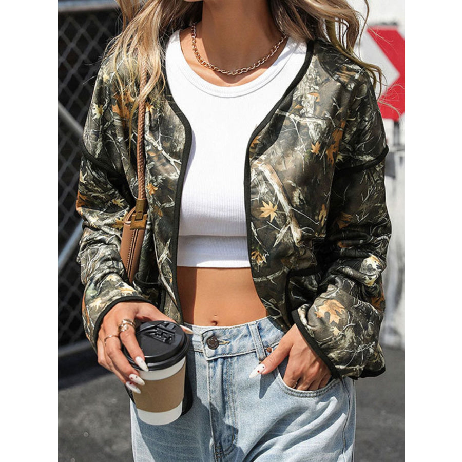 Perfee Printed Open Front Long Sleeve Jacket Apparel and Accessories