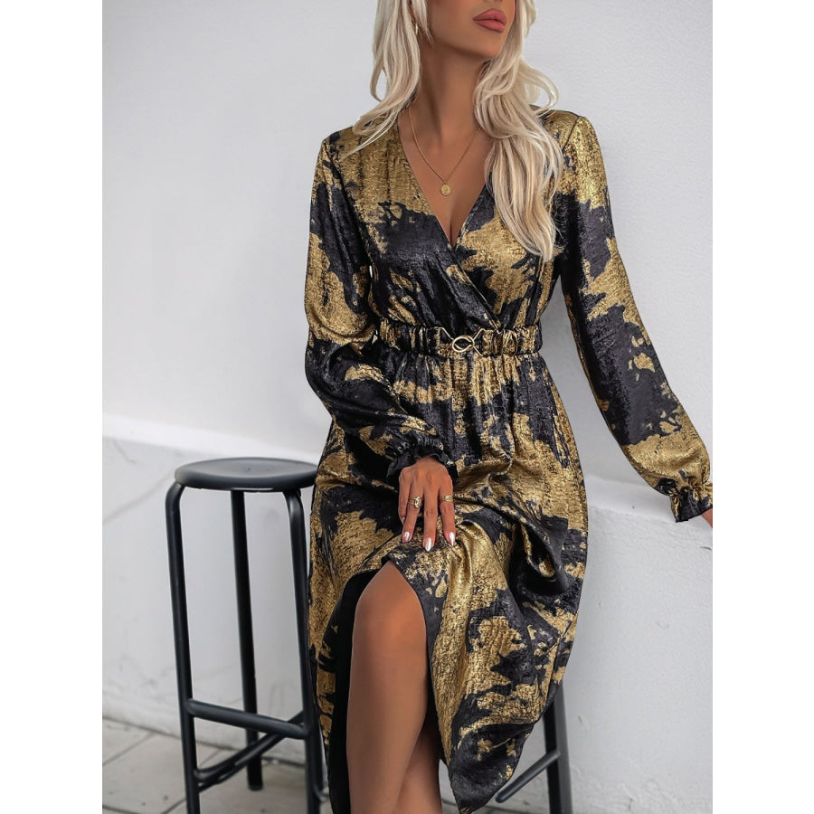 Perfee Printed Surplice Long Sleeve Midi Dress Apparel and Accessories