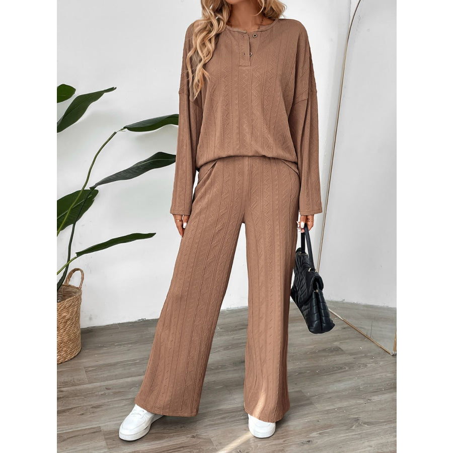 Perfee Quarter Button Long Sleeve Top and Pants Set Apparel and Accessories