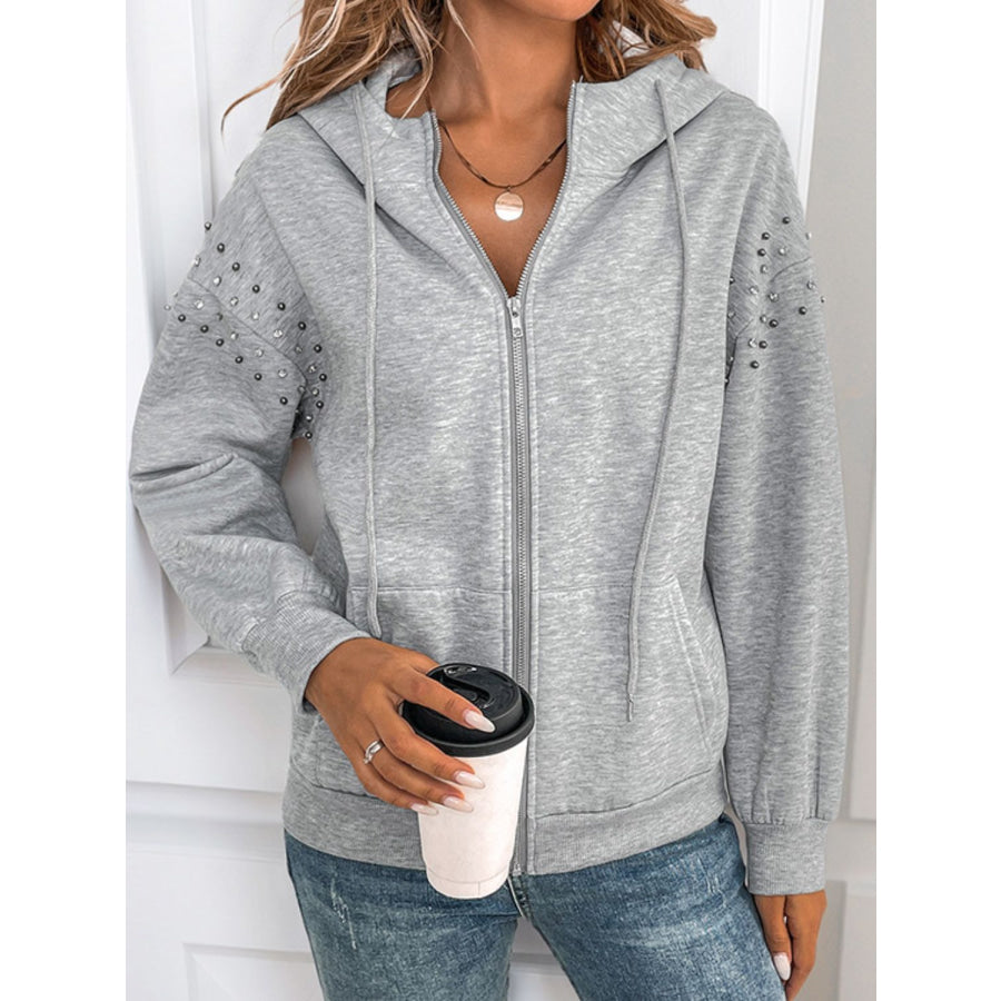 Perfee Rhinestone Zip Up Long Sleeve Hoodie Apparel and Accessories