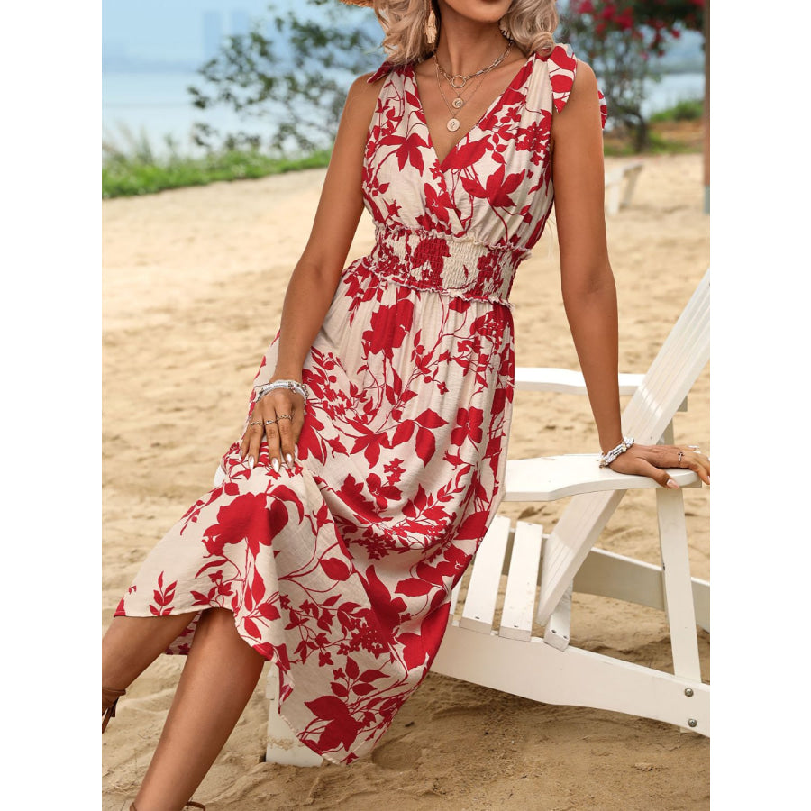 Perfee Smocked Printed Surplice Midi Dress Apparel and Accessories
