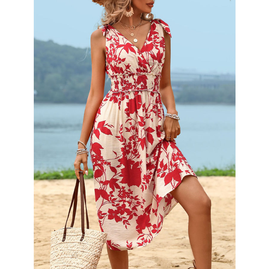 Perfee Smocked Printed Surplice Midi Dress Deep Red / S Apparel and Accessories