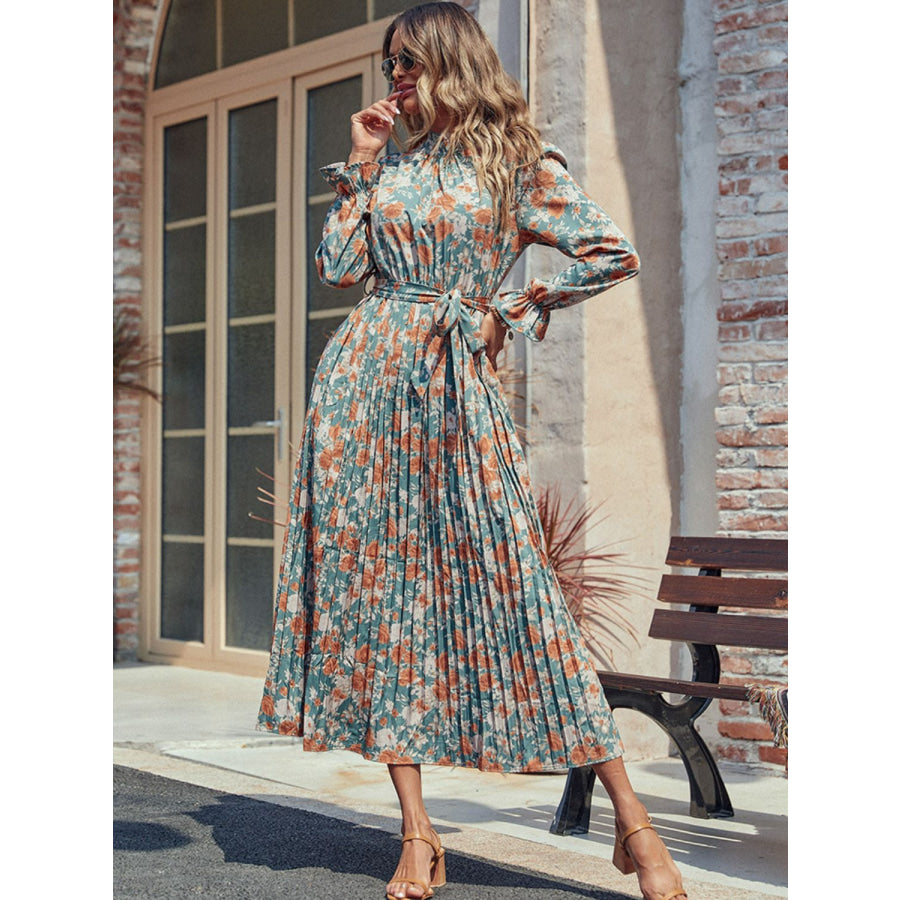 Perfee Tied Pleated Printed Mock Neck Long Sleeve Dress Multicolor / S Apparel and Accessories