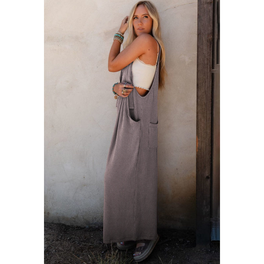 Philippine Gray Corded Adjustable Straps Wide Leg Loose Overall Bottoms/Jumpsuits & Rompers