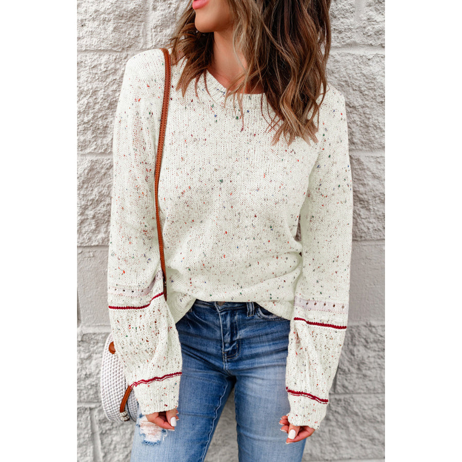 Pilling Detail Round Neck Long Sleeve Sweater White / S Apparel and Accessories