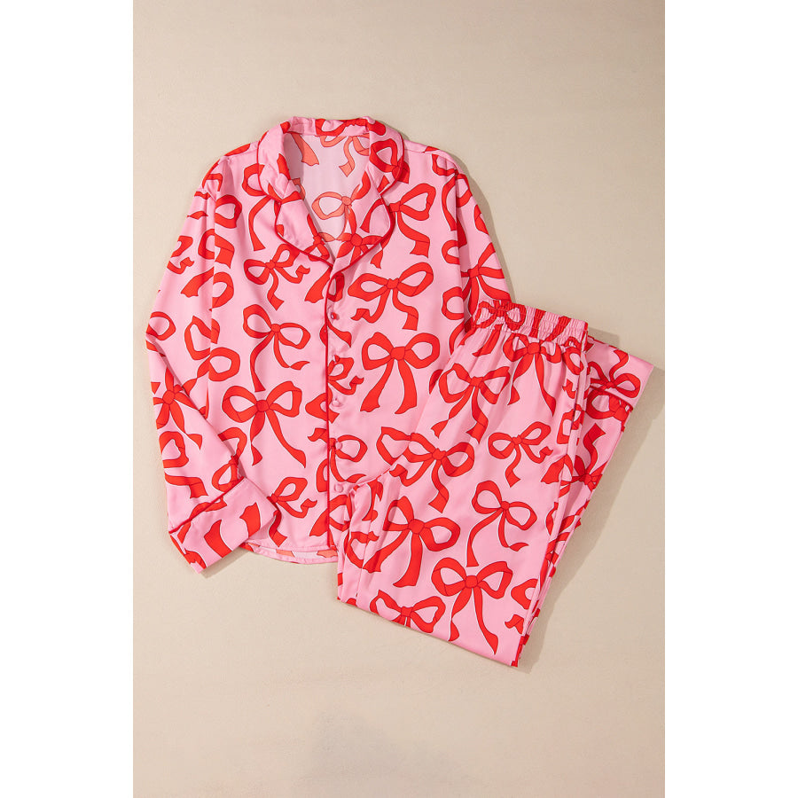 Pink 2pcs Bow Print Shirt Style Long Sleeve Pajama Set Loungewear & Sleepwear/Sleepwear