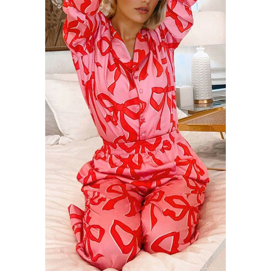 Pink 2pcs Bow Print Shirt Style Long Sleeve Pajama Set Loungewear & Sleepwear/Sleepwear