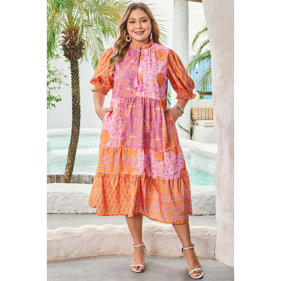 Pink Boho Paisley Floral Mixed Patchwork Tassel Tie Plus Size Midi Dress Plus Size/Plus Size Dresses/Plus Size Maxi Dresses