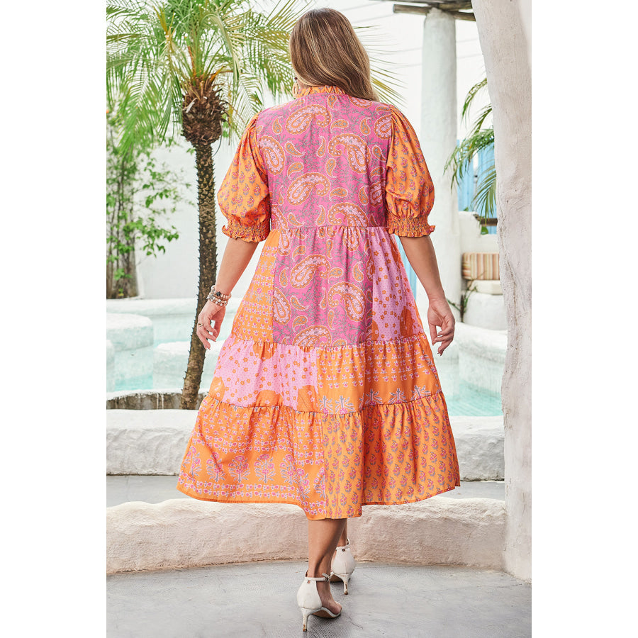 Pink Boho Paisley Floral Mixed Patchwork Tassel Tie Plus Size Midi Dress Plus Size/Plus Size Dresses/Plus Size Maxi Dresses