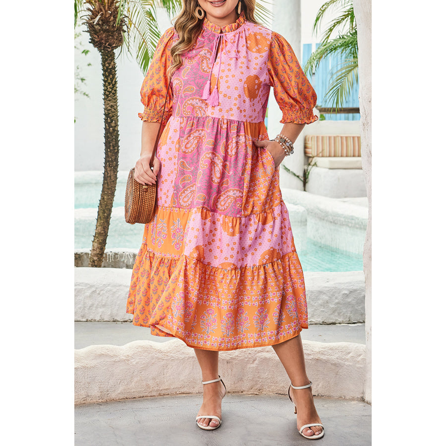 Pink Boho Paisley Floral Mixed Patchwork Tassel Tie Plus Size Midi Dress Plus Size/Plus Size Dresses/Plus Size Maxi Dresses