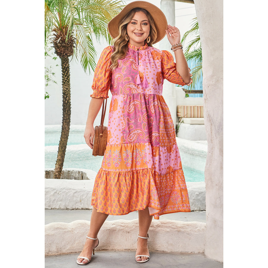 Pink Boho Paisley Floral Mixed Patchwork Tassel Tie Plus Size Midi Dress Plus Size/Plus Size Dresses/Plus Size Maxi Dresses