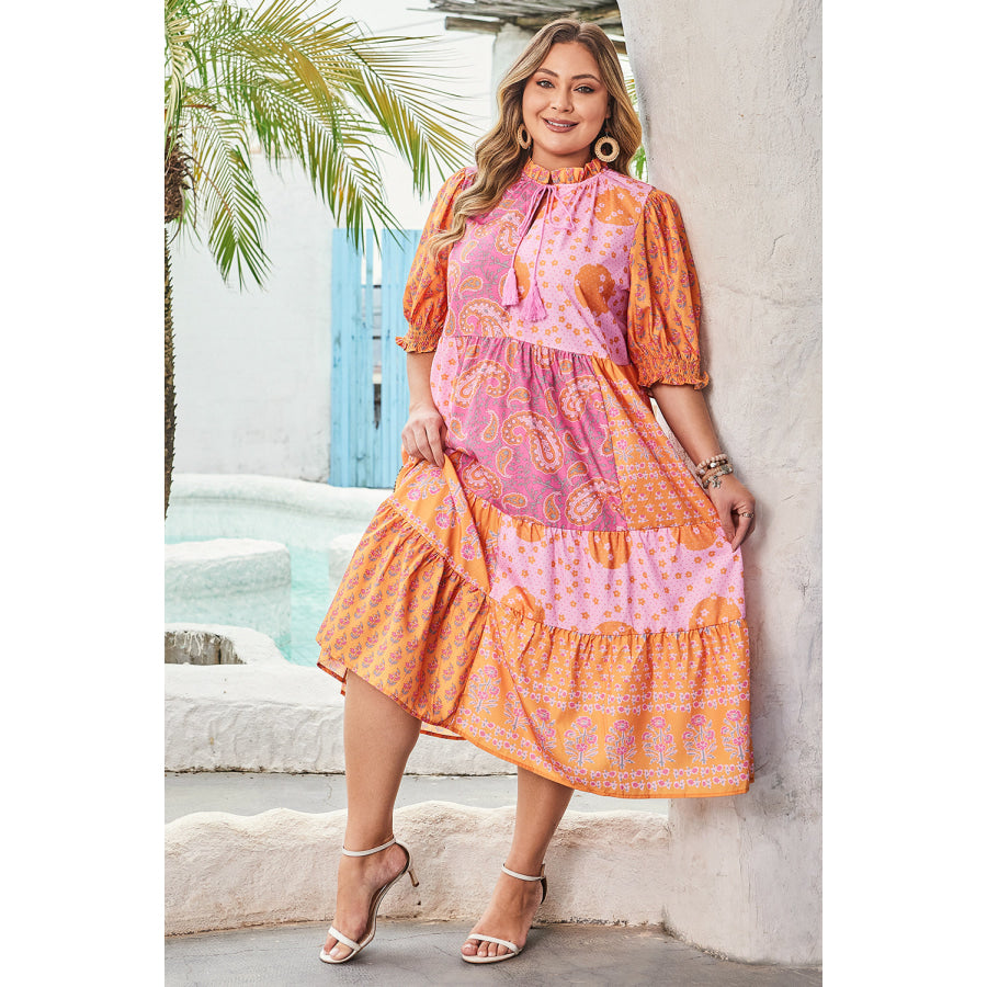 Pink Boho Paisley Floral Mixed Patchwork Tassel Tie Plus Size Midi Dress Plus Size/Plus Size Dresses/Plus Size Maxi Dresses
