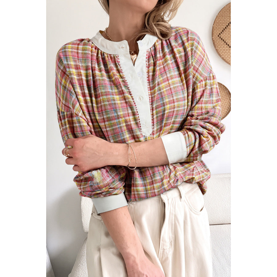Pink Colorblock Plaid Patchwork Henley Blouse Tops/Blouses & Shirts