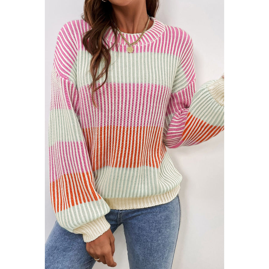 Pink Colorblock Textured Knit Bubble Sleeve Sweater Sweaters & Cardigans/Sweaters