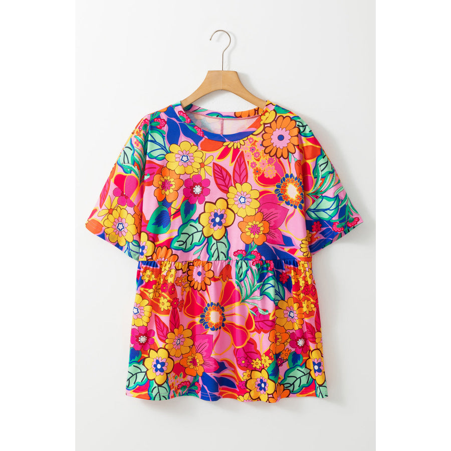 Pink Floral Print Short Sleeve Plus Size Babydoll Blouse Plus Size/Plus Size Tops/Plus Size Blouses & Shirts