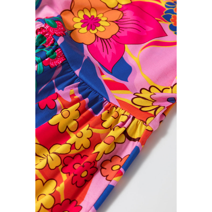 Pink Floral Print Short Sleeve Plus Size Babydoll Blouse Plus Size/Plus Size Tops/Plus Size Blouses & Shirts