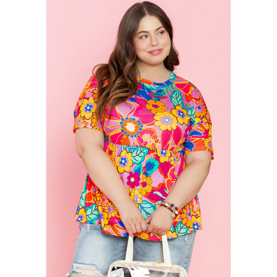 Pink Floral Print Short Sleeve Plus Size Babydoll Blouse Plus Size/Plus Size Tops/Plus Size Blouses & Shirts