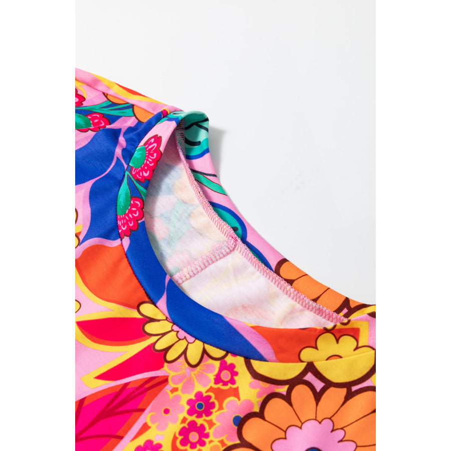 Pink Floral Print Short Sleeve Plus Size Babydoll Blouse Plus Size/Plus Size Tops/Plus Size Blouses & Shirts