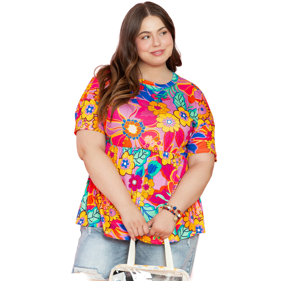 Pink Floral Print Short Sleeve Plus Size Babydoll Blouse Plus Size/Plus Size Tops/Plus Size Blouses & Shirts