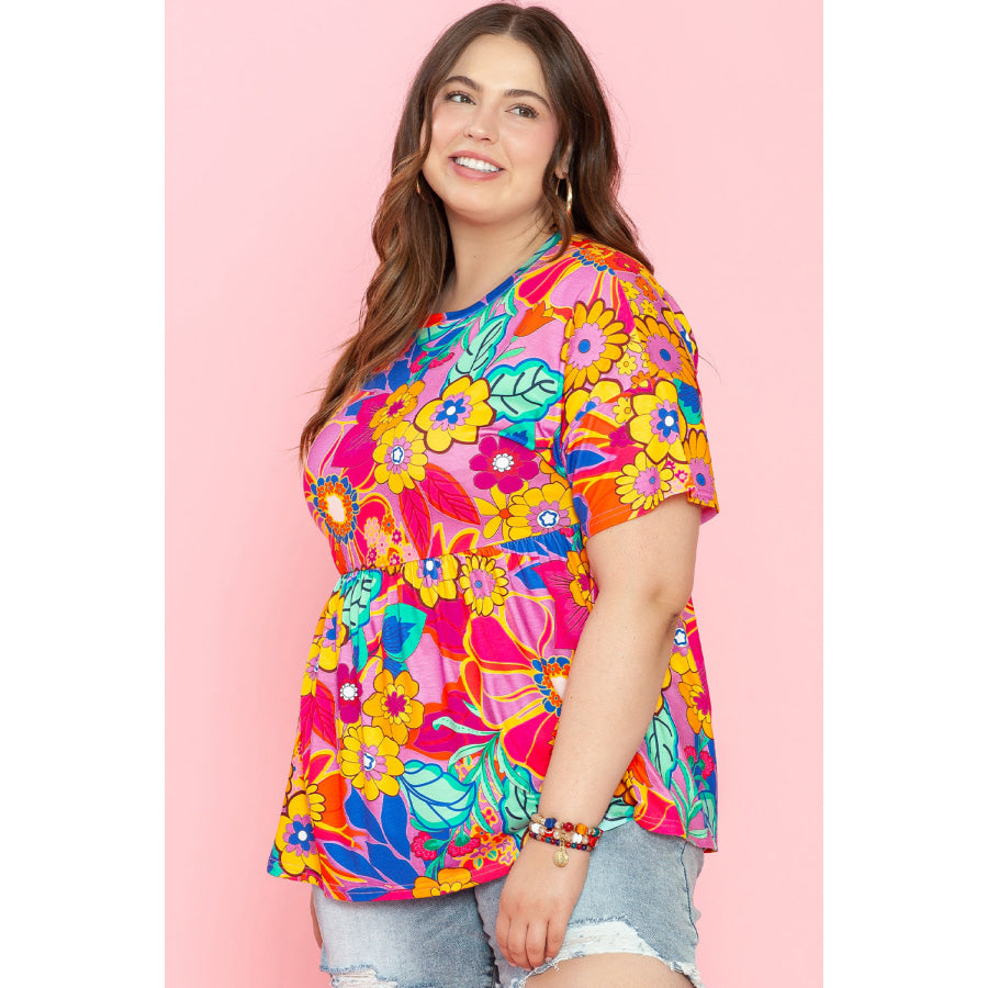 Pink Floral Print Short Sleeve Plus Size Babydoll Blouse Plus Size/Plus Size Tops/Plus Size Blouses & Shirts