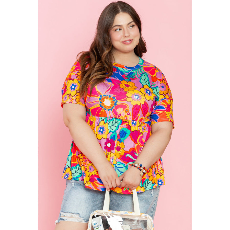 Pink Floral Print Short Sleeve Plus Size Babydoll Blouse Plus Size/Plus Size Tops/Plus Size Blouses & Shirts
