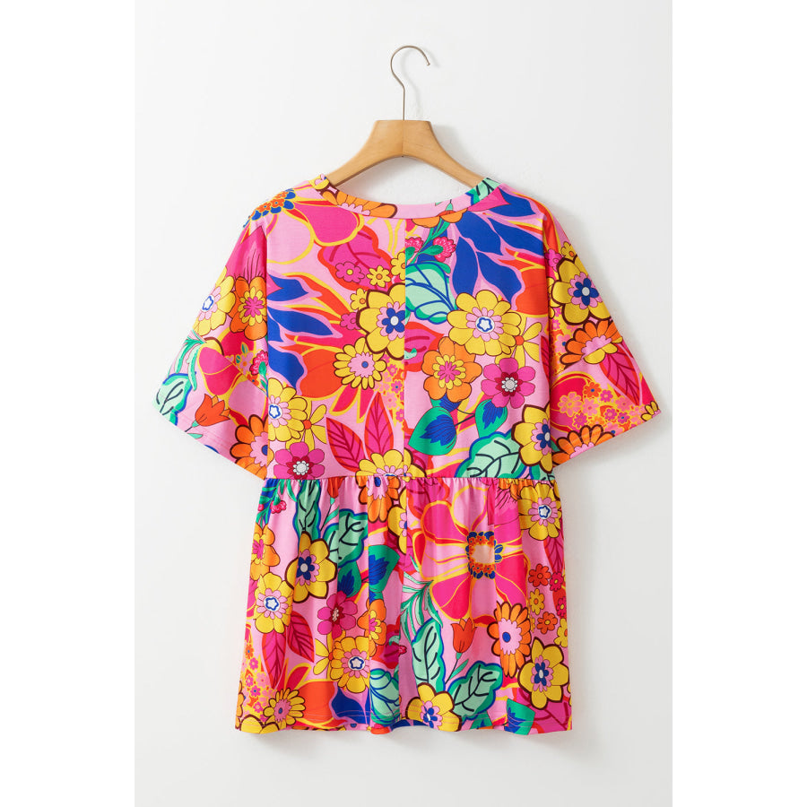 Pink Floral Print Short Sleeve Plus Size Babydoll Blouse Plus Size/Plus Size Tops/Plus Size Blouses & Shirts