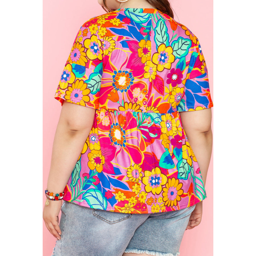 Pink Floral Print Short Sleeve Plus Size Babydoll Blouse Plus Size/Plus Size Tops/Plus Size Blouses & Shirts