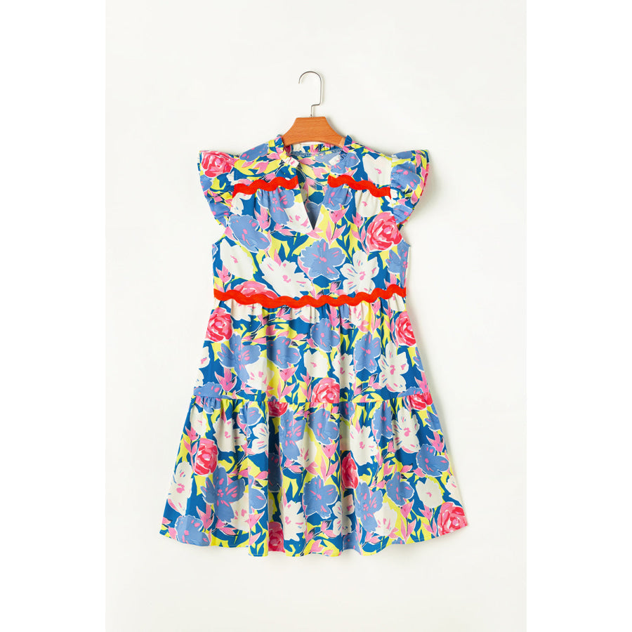 Pink Floral Printed V Notched Ric Rac Flutter Sleeve Dress Sky Blue / S / 100% Polyester Dresses/Floral Dresses
