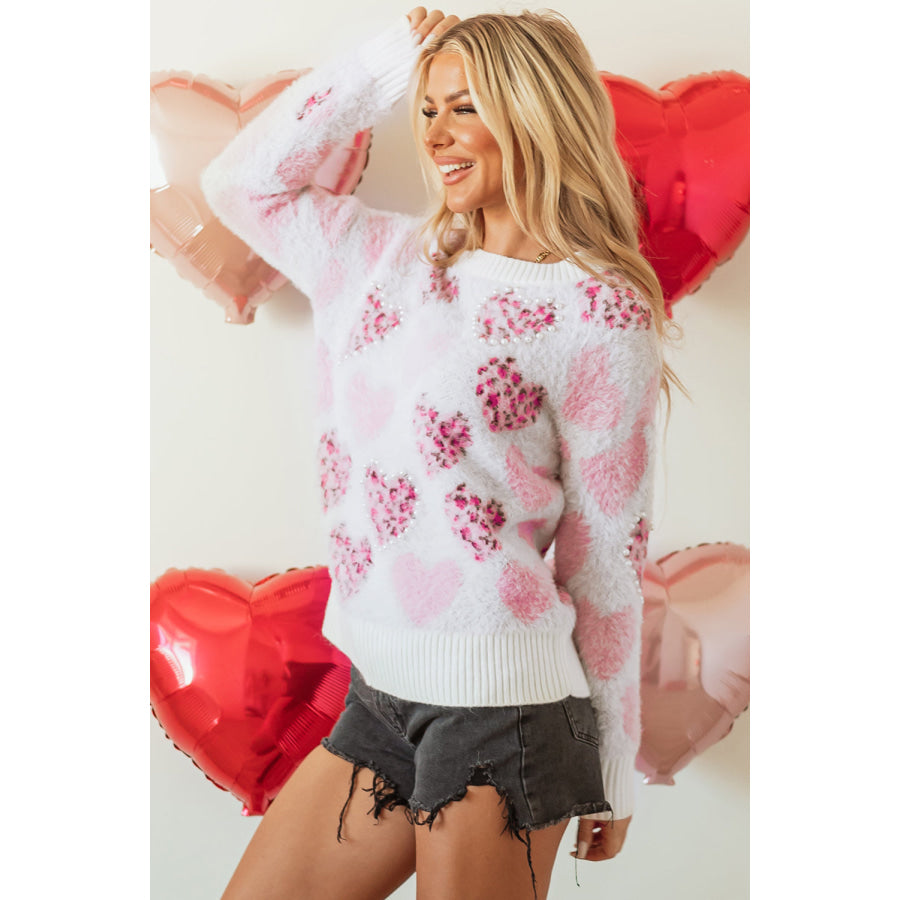 Pink Heart Leopard Print Pearled Ribbed Trim Fuzzy Sweater Sweaters & Cardigans/Sweaters