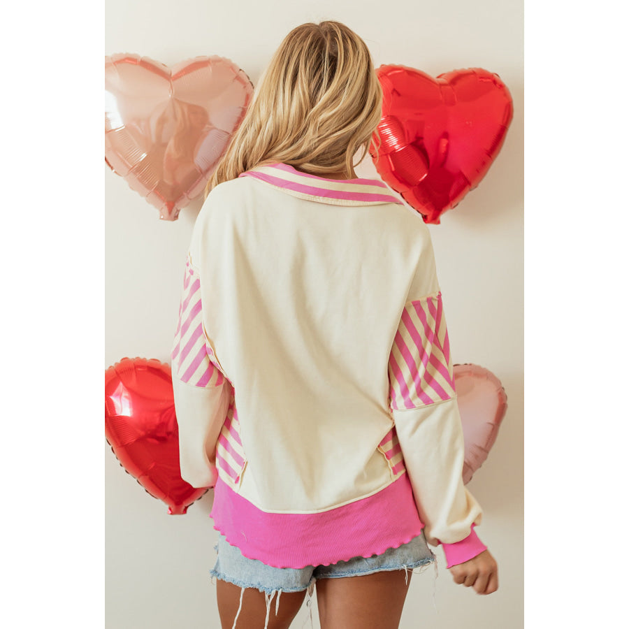 Pink Stripe Colorblock Patchwork Collared French Terry Knit Top Tops/Blouses & Shirts