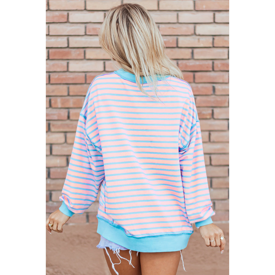 Pink Stripe Contrast Trim High Low Pullover Tunic Sweatshirt Tops/Sweatshirts & Hoodies