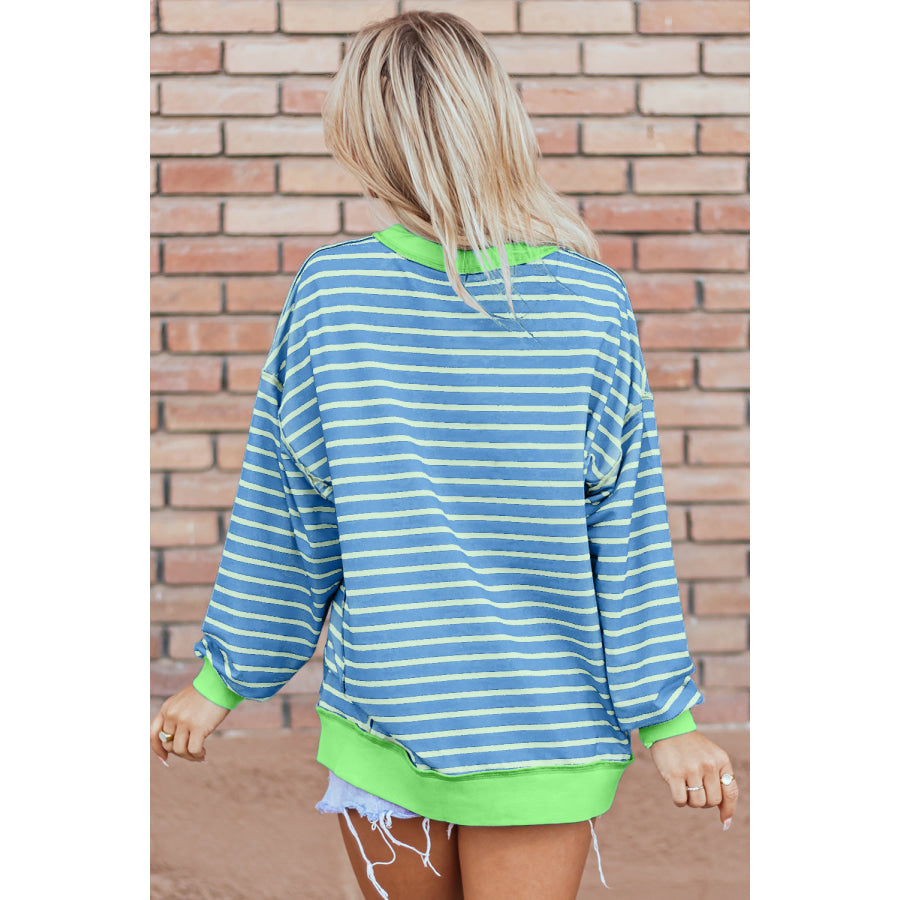 Pink Stripe Contrast Trim High Low Pullover Tunic Sweatshirt Tops/Sweatshirts & Hoodies