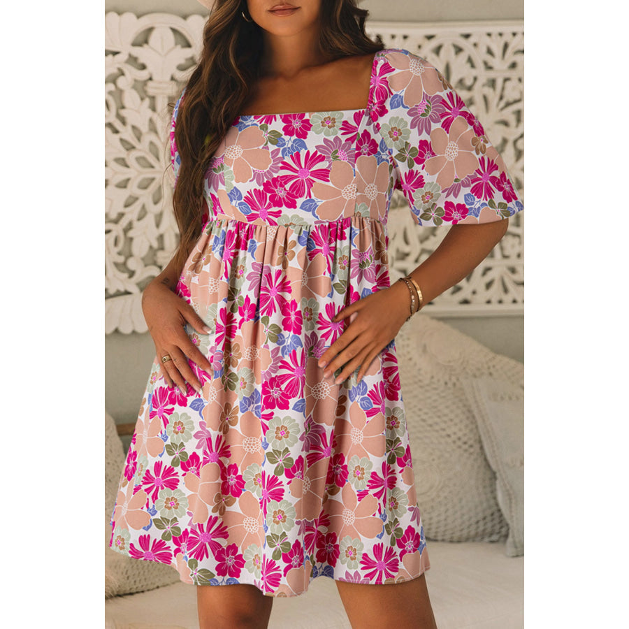 Pink Summer Floral Square Neck Puff Sleeve Babydoll Dress Dresses/Floral Dresses