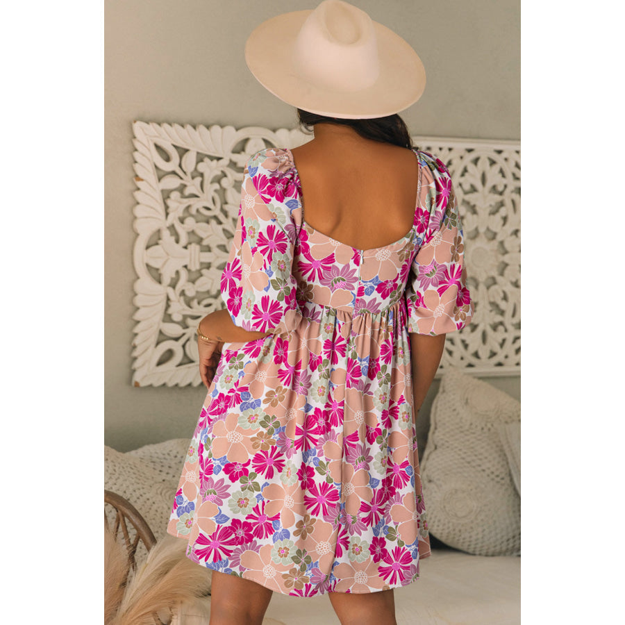 Pink Summer Floral Square Neck Puff Sleeve Babydoll Dress Dresses/Floral Dresses