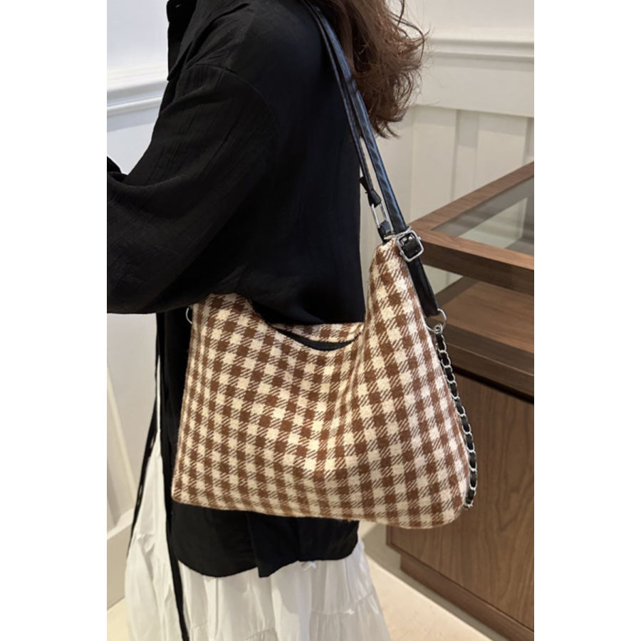 Plaid Adjustable Strap Handbag Camel / One Size Apparel and Accessories