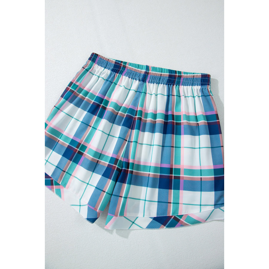 Plaid Button Down Long Sleeve Shirt and Shorts Lounge Set Apparel and Accessories