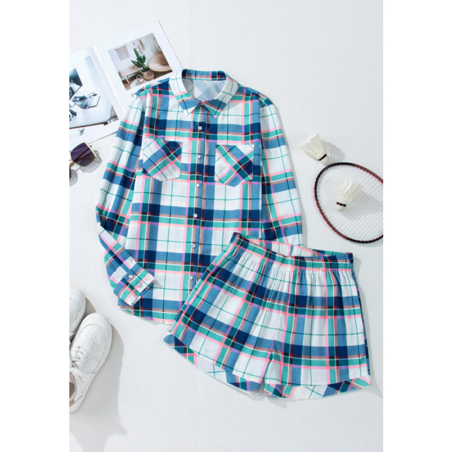 Plaid Button Down Long Sleeve Shirt and Shorts Lounge Set Apparel and Accessories