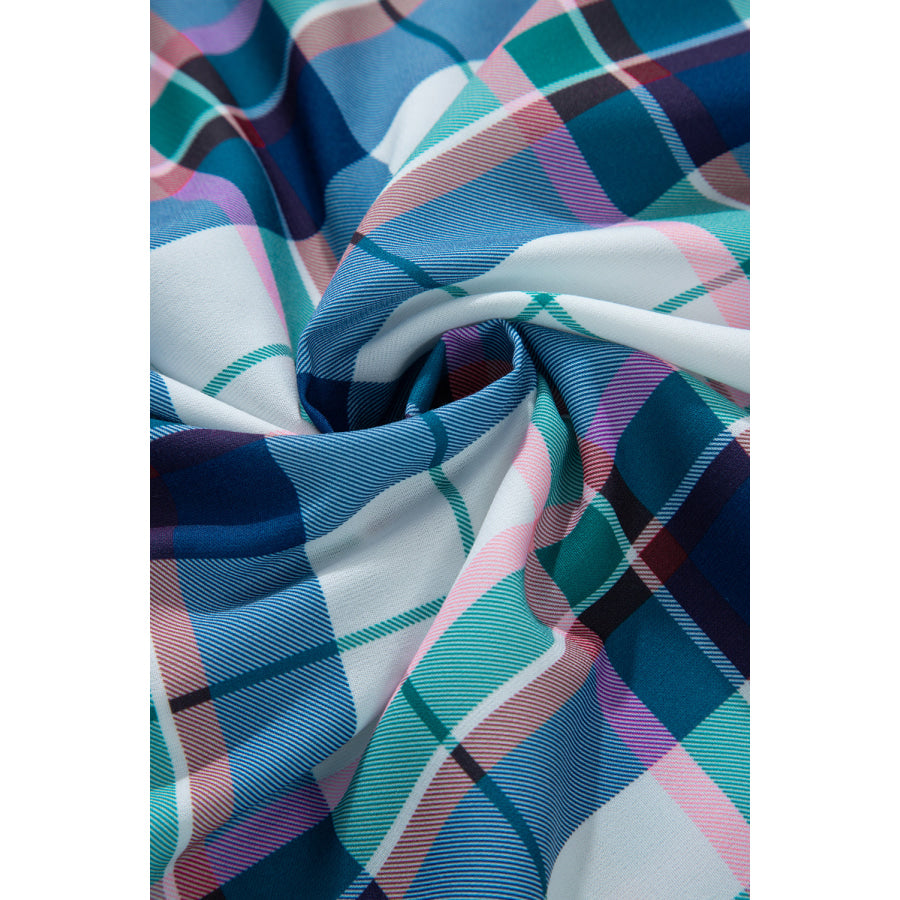 Plaid Button Down Long Sleeve Shirt and Shorts Lounge Set Apparel and Accessories