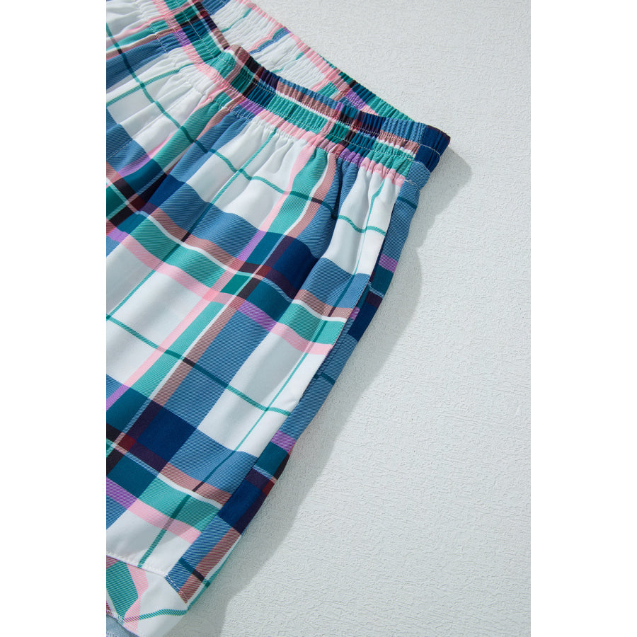 Plaid Button Down Long Sleeve Shirt and Shorts Lounge Set Apparel and Accessories