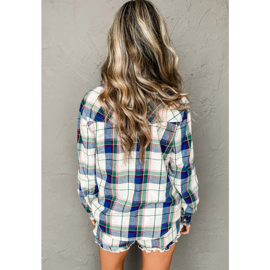 Plaid Button Down Long Sleeve Shirt and Shorts Lounge Set Apparel and Accessories